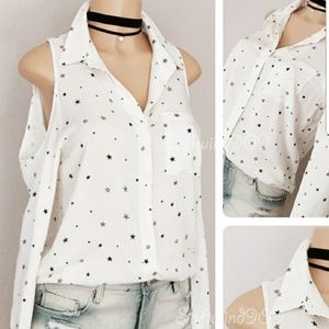 Ivory black stars cold shoulder button down